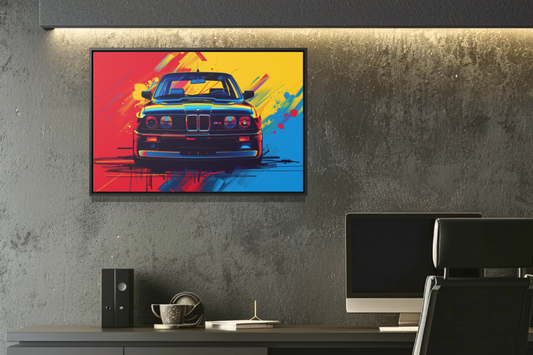 1980s BMW M3 Canvas Print: Bold Abstract Illustration with Red & Blue